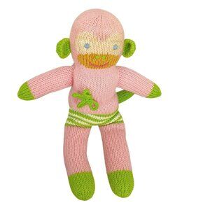 Blabla Handmade Knit Pink & Green Monkey Doll 100% Cotton For Kids Or Collectors